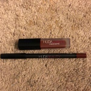 Huda beauty liquid lipstick and lip liner duo.